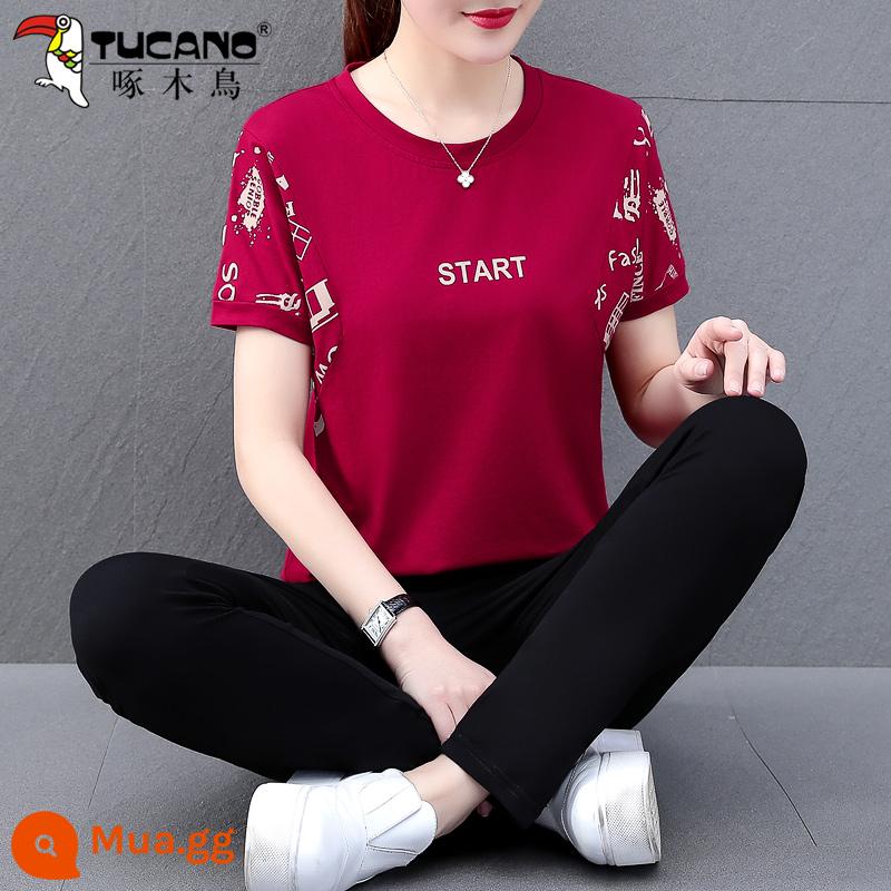 Bộ đồ thể thao cotton chim gõ kiến nữ mùa hè mới 2022 ngắn tay mẹ trung niên giản dị 2023 Ms. - Quần thứ chín màu đỏ tía