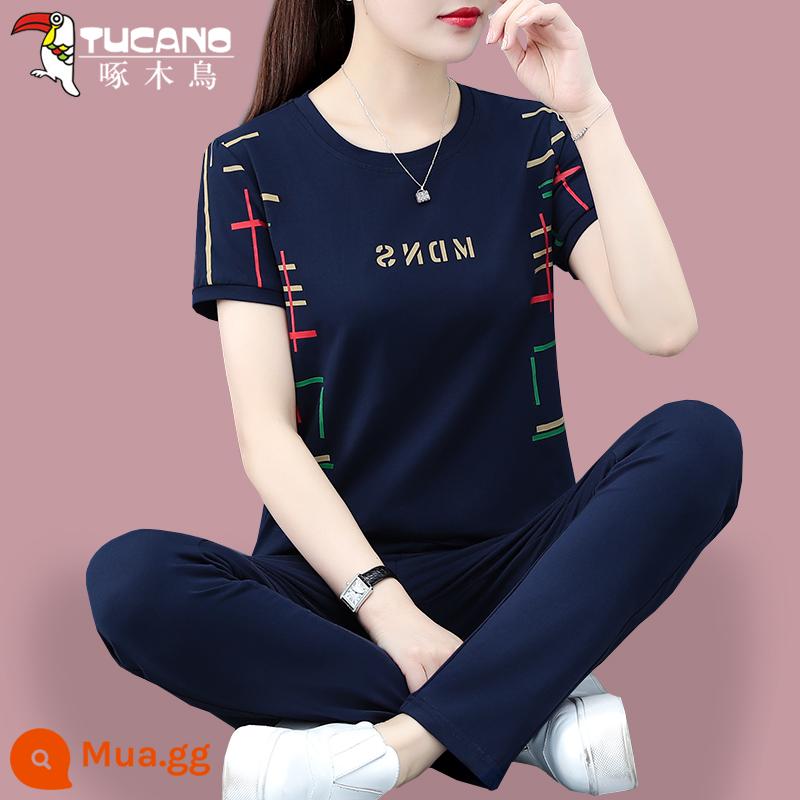 Bộ đồ thể thao cotton chim gõ kiến nữ mùa hè mới 2022 ngắn tay mẹ trung niên giản dị 2023 Ms. - Quần chữ A chín điểm màu xanh đậm