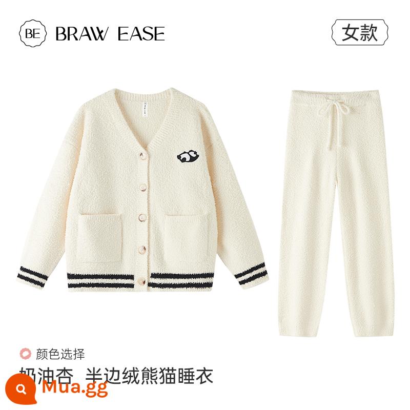 Cardigan nửa nhung đồ ngủ mùa đông sữa nữ huhu bộ đồ mùa đông Plus nhung dày mùa đông gấu trúc san hô nhung dịch vụ tại nhà - Loại B_Kem Mơ