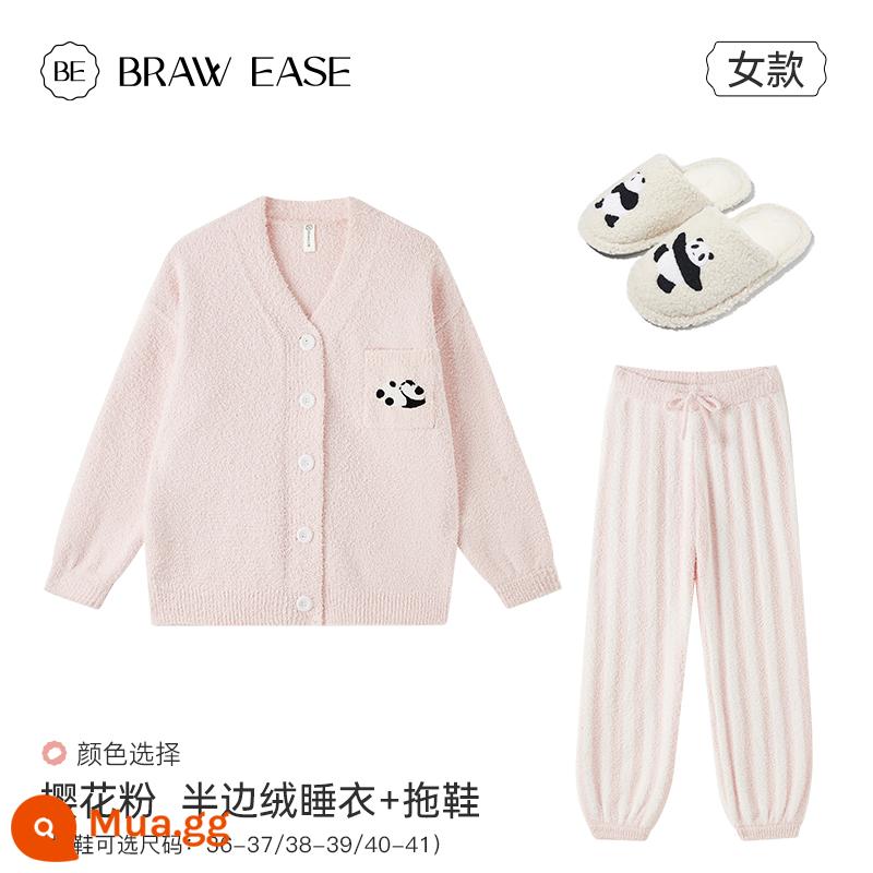 Cardigan nửa nhung đồ ngủ mùa đông sữa nữ huhu bộ đồ mùa đông Plus nhung dày mùa đông gấu trúc san hô nhung dịch vụ tại nhà - Bộ 2 Dép Màu Hồng Type A_Sakura 2 [Ghi Chú Kích Thước]