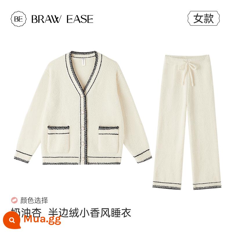 Cardigan nửa nhung đồ ngủ mùa đông sữa nữ huhu bộ đồ mùa đông Plus nhung dày mùa đông gấu trúc san hô nhung dịch vụ tại nhà - Loại D_Kem Mơ