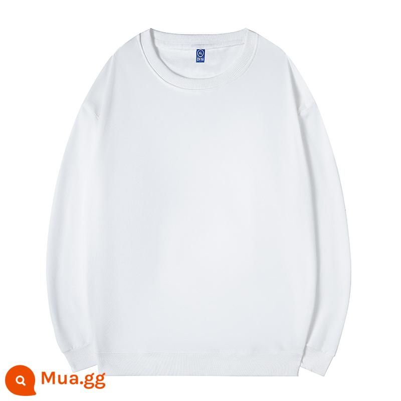 Áo thun cotton nguyên chất in logo theo yêu cầu, quần áo đi làm mùa thu đông nhung, đồng phục lớp dài tay cổ tròn, in theo yêu cầu - Bông chải kỹ màu trắng