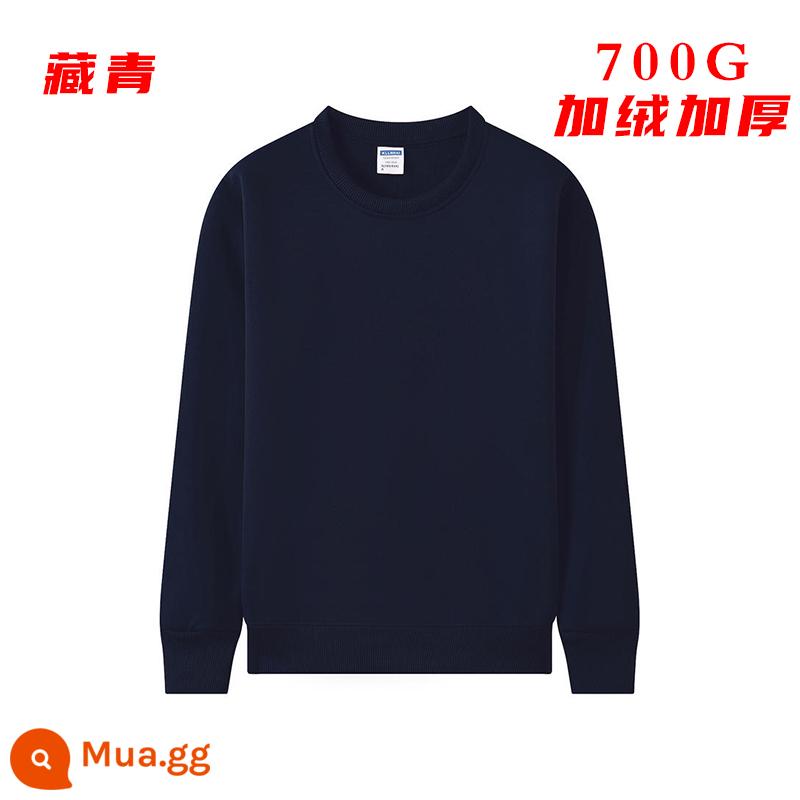 Áo thun cotton nguyên chất in logo theo yêu cầu, quần áo đi làm mùa thu đông nhung, đồng phục lớp dài tay cổ tròn, in theo yêu cầu - Mẫu dày màu xanh hải quân cộng với nhung