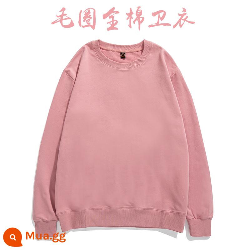 Áo thun cotton nguyên chất in logo theo yêu cầu, quần áo đi làm mùa thu đông nhung, đồng phục lớp dài tay cổ tròn, in theo yêu cầu - Hồng