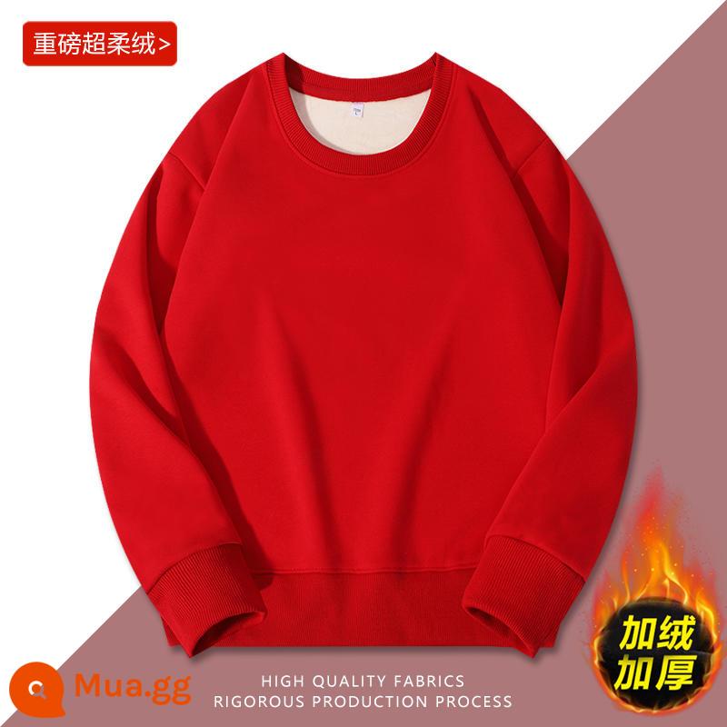 Áo thun cotton nguyên chất in logo theo yêu cầu, quần áo đi làm mùa thu đông nhung, đồng phục lớp dài tay cổ tròn, in theo yêu cầu - Mẫu dày nhung đỏ