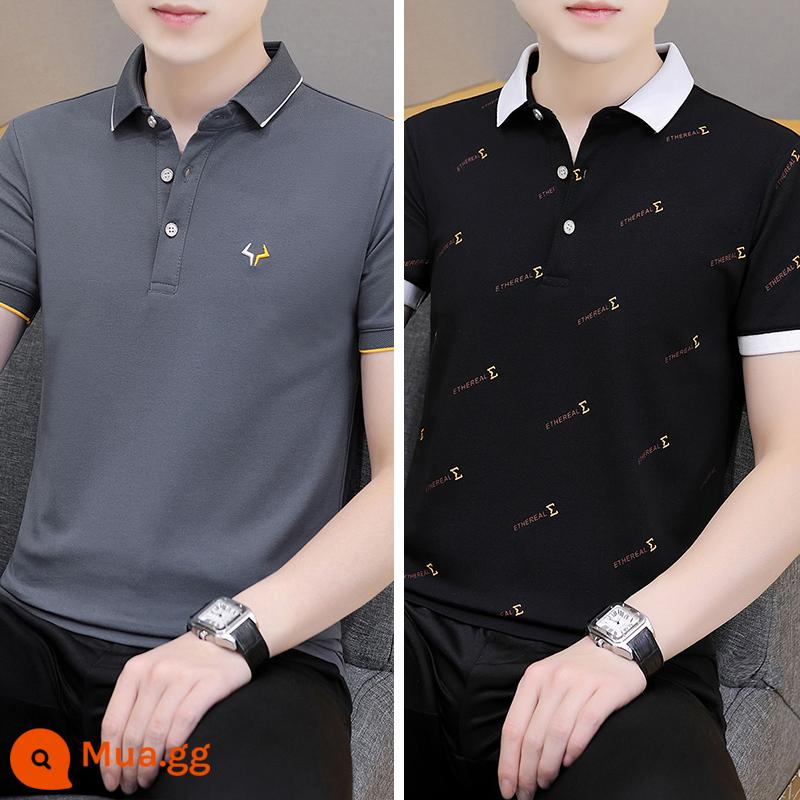 Lụa băng Ralph Lauren polo có cổ áo thun nam ngắn tay xu hướng mùa hè ve áo cổ sơ mi Áo sơ mi POLO nửa tay quần áo hàng đầu - Nhóm 07-QY681 tro + QY679 đen