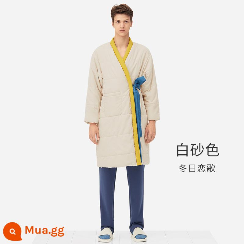 Chun du [Câu hỏi đi bộ] Cặp vợ chồng ba con cotton cotton pyjamas mùa đông dày đặc của phụ nữ mặc đồ mặc áo choàng mặc áo choàng tắm áo choàng buổi sáng áo choàng - [Nam] Màu cát trắng