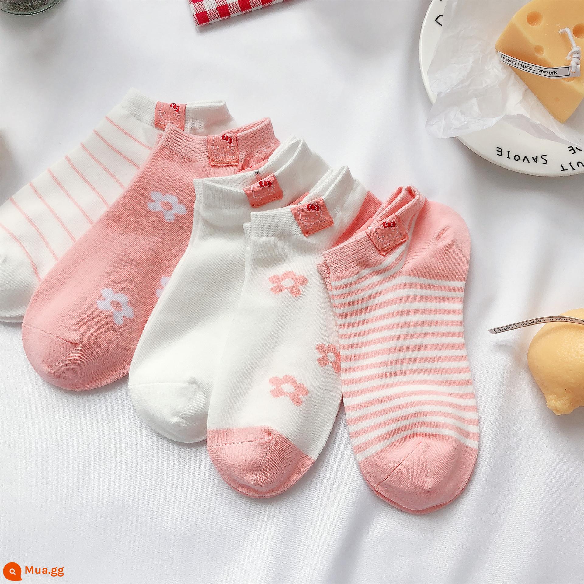 Tất, tất nữ, xuân hè, cotton nguyên chất, khử mùi, tất ống giữa nữ, xuân hè, tất cotton ngắn, tất vô hình bé gái, mùa hè - 5 đôi mẫu cotton nguyên chất: mèo hồng 2136