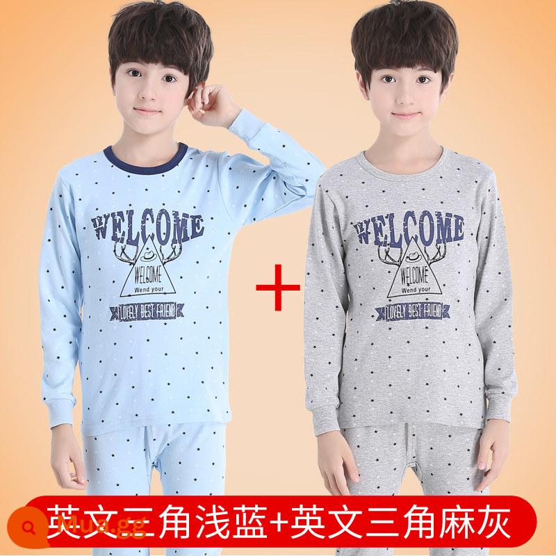 Giữ Nhiệt Trẻ Em Bộ Bé Trai Cotton Quần Áo Mùa Thu Vệ Sinh Quần Bộ Đồ Ngủ Cotton Cho Bé Thu Đông Cho Bé Nửa Cổ Cao - Tam giác tiếng Anh xanh nhạt + tam giác gai dầu tiếng Anh màu xám