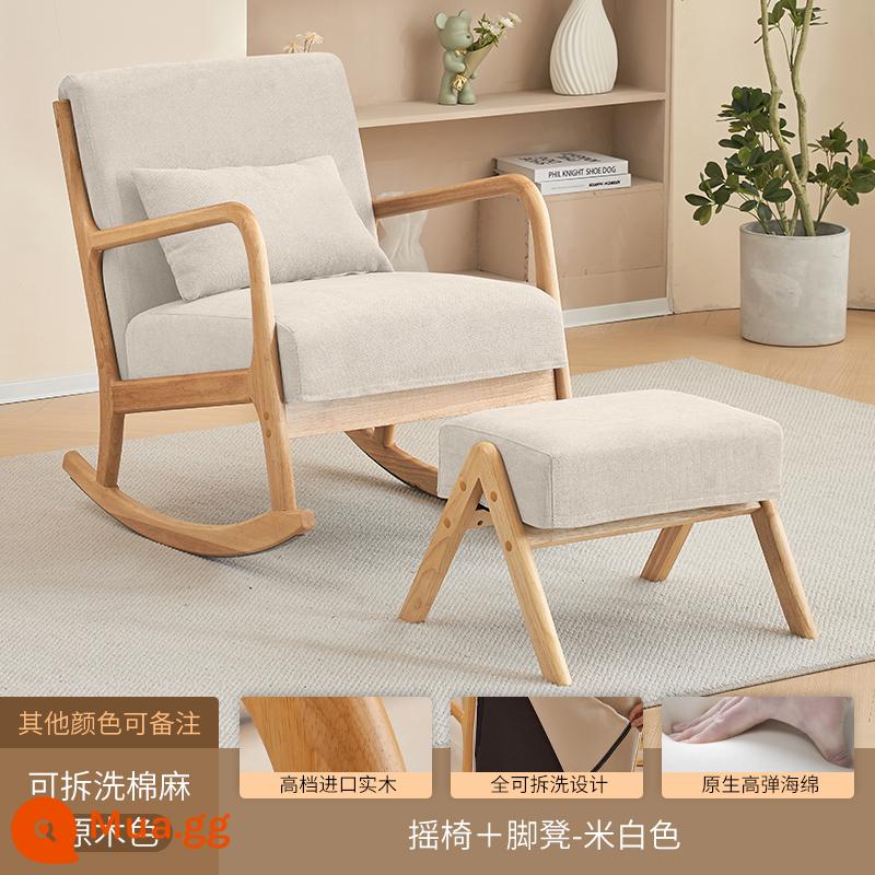 Bắc Âu Gỗ Chắc Chắn Ban Công Giản Dị Kiểu Nhật Sofa Đơn Ghế Phòng Ngủ Đơn Giản Ghế Lười Giải Trí Vải Có Thể Tháo Rời Và Giặt Được - [Bông và vải lanh có thể tháo rời và giặt được] Ghế bập bênh + bệ để chân ★ Mẫu nâng cấp