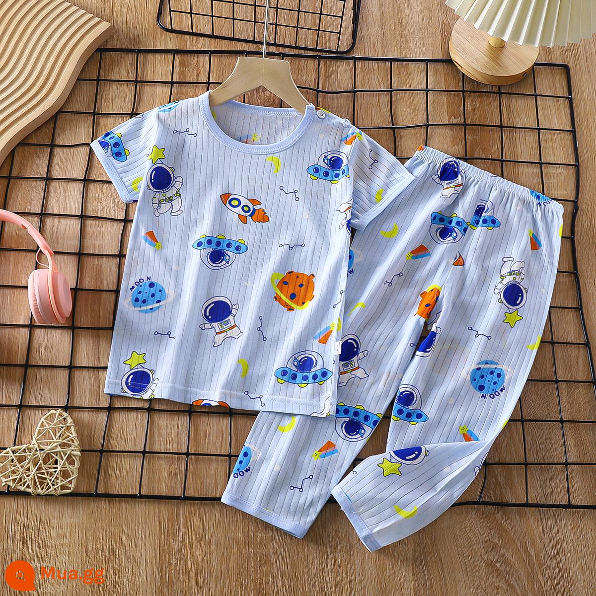 Bộ đồ ngủ trẻ em cotton nguyên chất bé trai và bé gái dài tay quần áo mặc ở nhà phù hợp với mùa hè quần áo máy lạnh mỏng cho bé mùa xuân thu - Phi hành gia [Cotton nguyên chất loại A/mềm mại và thoải mái] [quần ngắn tay]