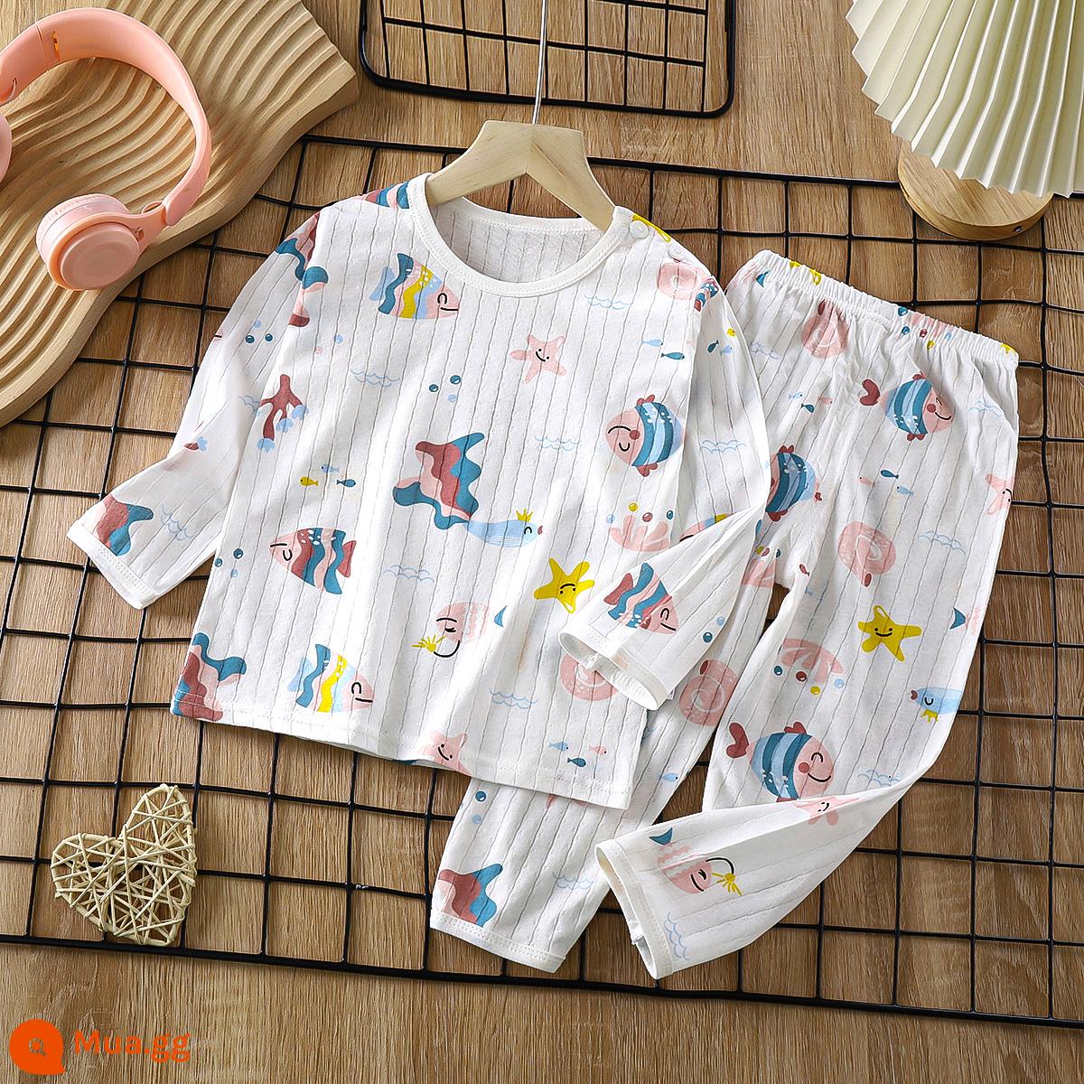 Bộ đồ ngủ trẻ em cotton nguyên chất bé trai và bé gái dài tay quần áo mặc ở nhà phù hợp với mùa hè quần áo máy lạnh mỏng cho bé mùa xuân thu - Cá nhiệt đới [Cotton nguyên chất loại A/mềm mại và thoải mái] [tay áo dài và quần dài]