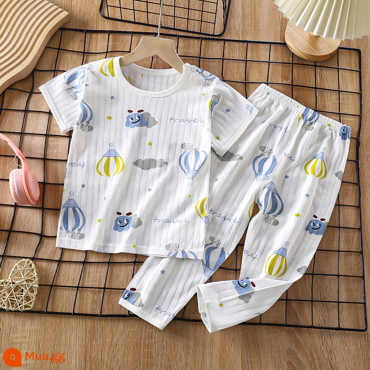 Bộ đồ ngủ trẻ em cotton nguyên chất bé trai và bé gái dài tay quần áo mặc ở nhà phù hợp với mùa hè quần áo máy lạnh mỏng cho bé mùa xuân thu - Bóng bay hoạt hình [Cotton nguyên chất loại A/Mềm mại và thoải mái] [Tay ngắn và quần dài]