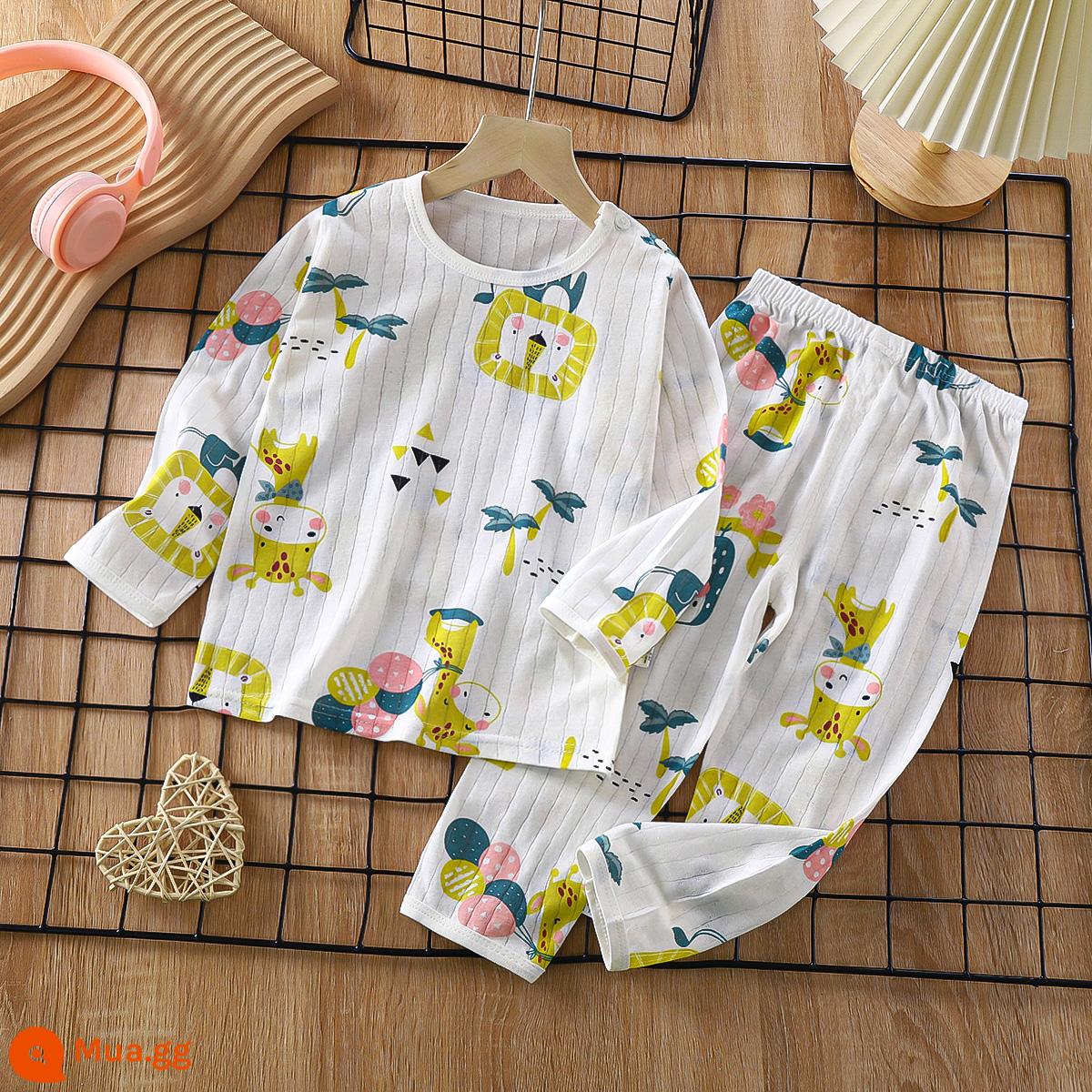 Bộ đồ ngủ trẻ em cotton nguyên chất bé trai và bé gái dài tay quần áo mặc ở nhà phù hợp với mùa hè quần áo máy lạnh mỏng cho bé mùa xuân thu - Bữa tiệc động vật [Loại A cotton nguyên chất/mềm mại và thoải mái] [Áo dài tay và quần dài]