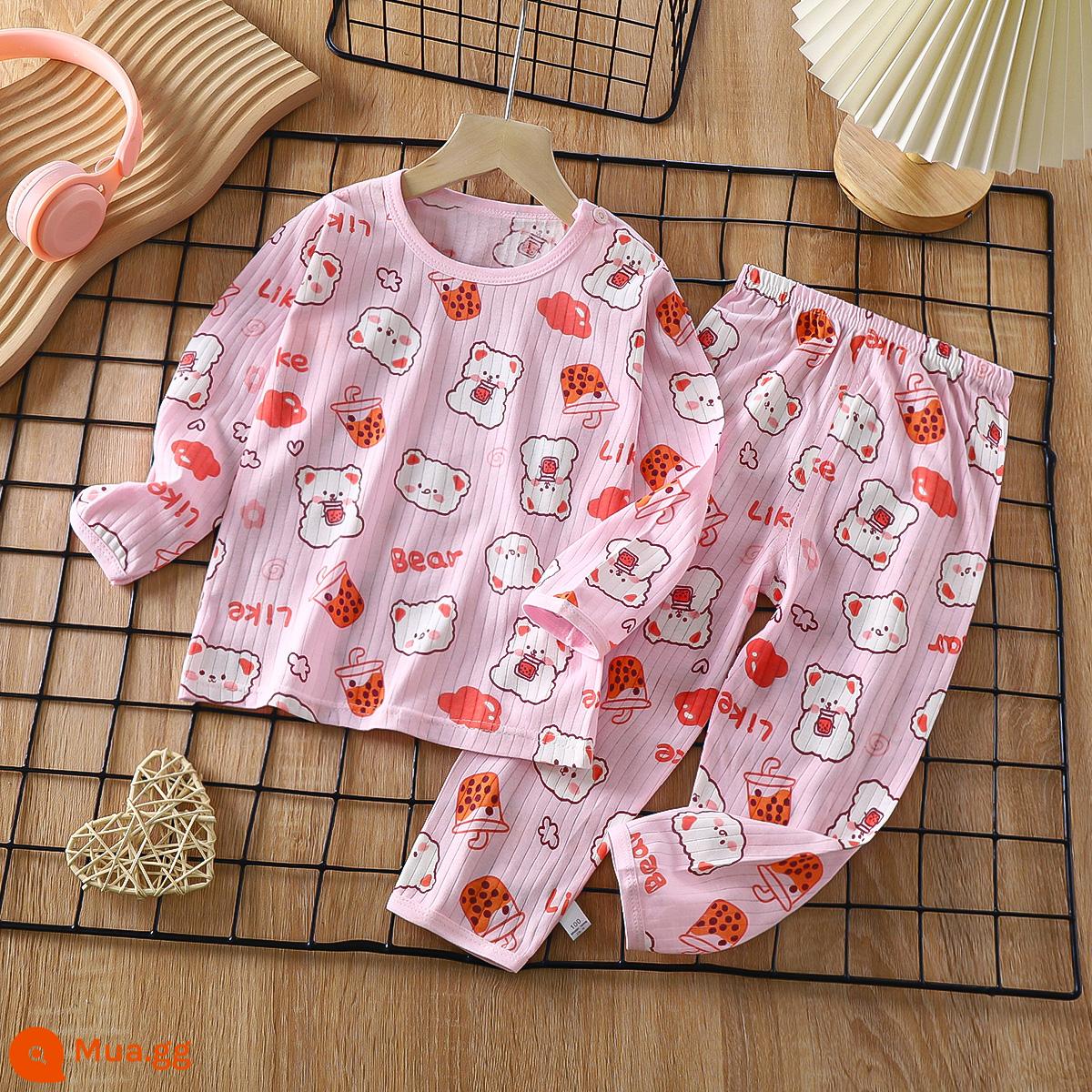 Bộ đồ ngủ trẻ em cotton nguyên chất bé trai và bé gái dài tay quần áo mặc ở nhà phù hợp với mùa hè quần áo máy lạnh mỏng cho bé mùa xuân thu - Gấu trà sữa [Loại A Cotton nguyên chất/Mềm mại và thoải mái] [Tay dài và quần dài]