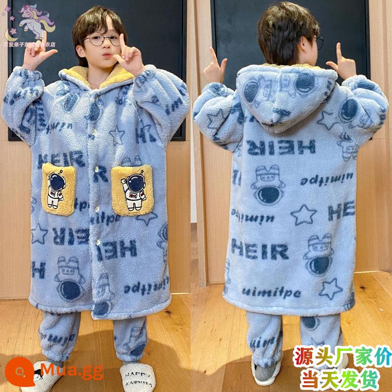 Váy ngủ bé gái mùa đông flannel ngôi sao sương cha mẹ-con áo choàng tắm dày Plus nhung cho bé nhà trẻ em bộ quần áo - Áo choàng + quần bé trai mắt to G42106