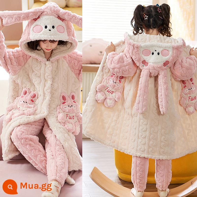 Váy ngủ bé gái mùa đông flannel ngôi sao sương cha mẹ-con áo choàng tắm dày Plus nhung cho bé nhà trẻ em bộ quần áo - G32053 Áo choàng hình thỏ [Jacquard] dễ thương + quần