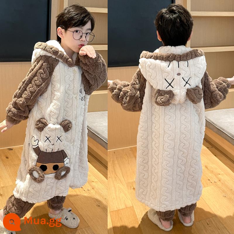 Váy ngủ bé gái mùa đông flannel ngôi sao sương cha mẹ-con áo choàng tắm dày Plus nhung cho bé nhà trẻ em bộ quần áo - Áo choàng + quần gấu nhung bạo lực G42015