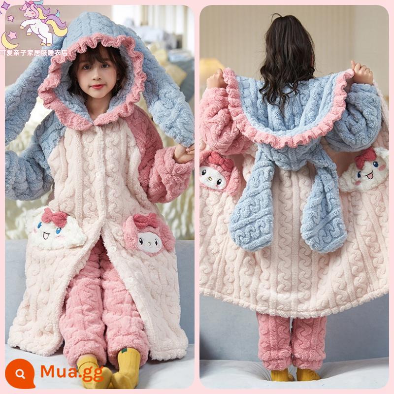 Váy ngủ bé gái mùa đông flannel ngôi sao sương cha mẹ-con áo choàng tắm dày Plus nhung cho bé nhà trẻ em bộ quần áo - Mẫu phổ biến-G32095 Áo choàng + quần con chó quế & giai điệu