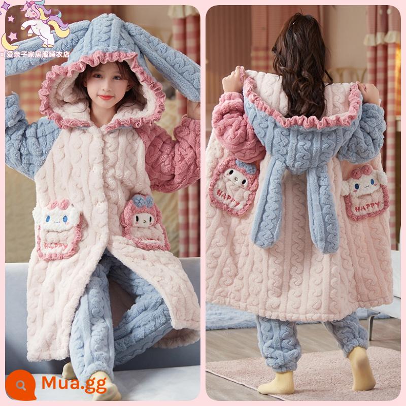 Váy ngủ bé gái mùa đông flannel ngôi sao sương cha mẹ-con áo choàng tắm dày Plus nhung cho bé nhà trẻ em bộ quần áo - 32134 Áo choàng + quần chó giai điệu & quế