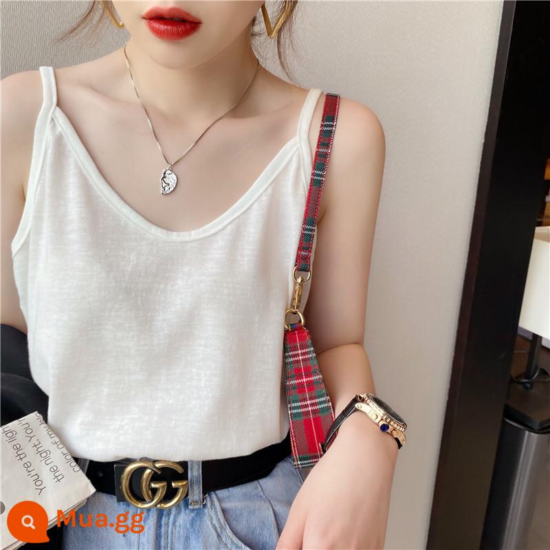 Phụ nữ đeo địu size lớn mặc áo vest có đáy bằng cotton nguyên chất vào mùa hè để che sữa mẹ áo khoác ngoài rộng màu đen vải lanh cotton trắng hàng đầu - Màu trắng (dây spaghetti)