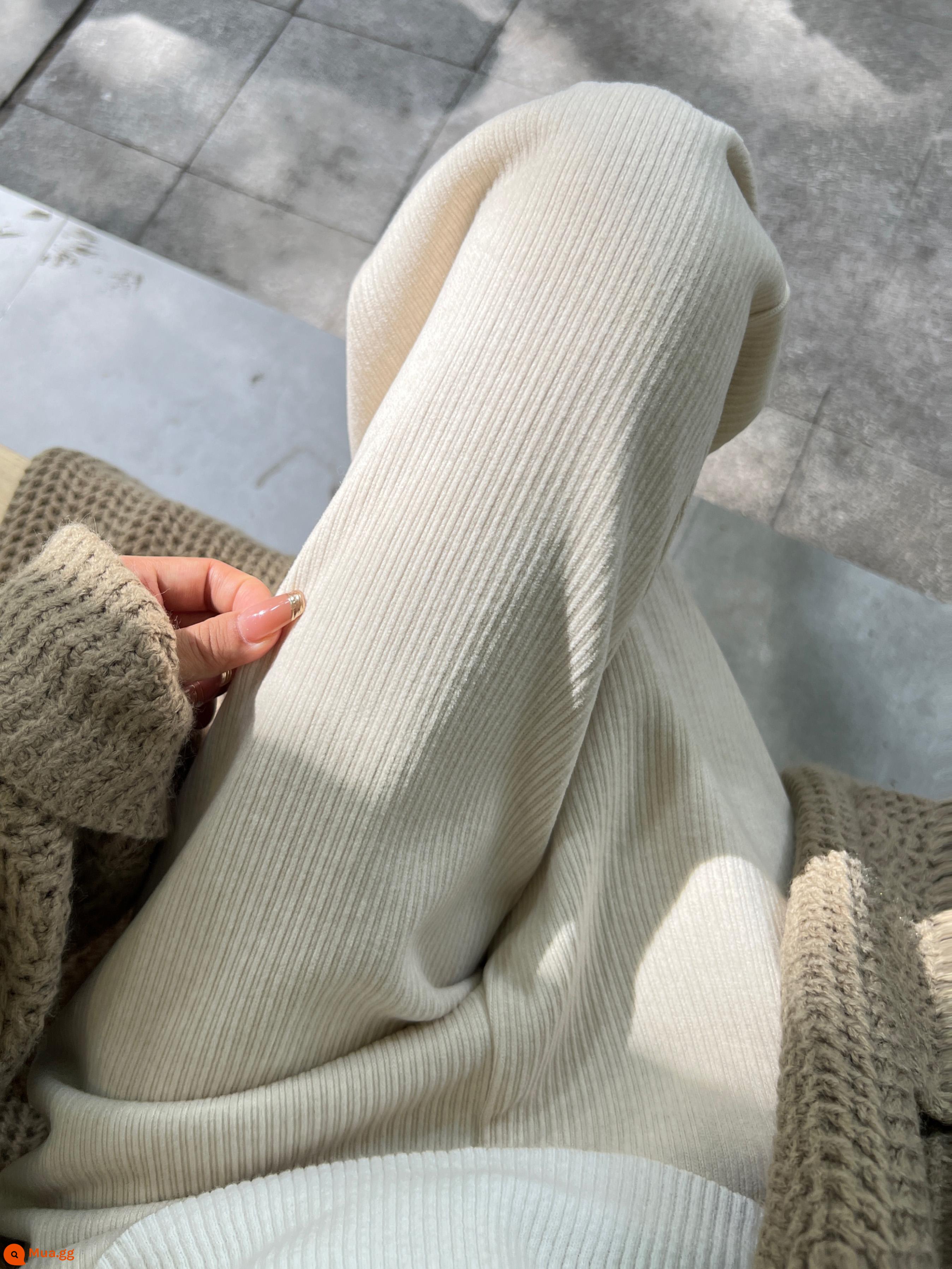 Quần ống rộng dệt kim màu xám giống như cashmere của phụ nữ mùa thu và mùa đông cạp cao xếp nếp cộng với quần ống đứng nhung màu đen quần lau nhỏ - Mibai (nhỏ) [Chiều cao 150-159]