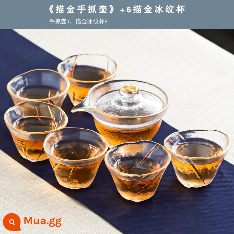 Mô hình búa bên tay cầm kính trà Glass Set Home High -end Kung Fu Cup tối giản của Nhật Bản Ánh sáng sang trọng nhỏ Set Squaed Teapot - Bộ 7 món "Nồi nắm tay họa tiết đá" sơn vàng