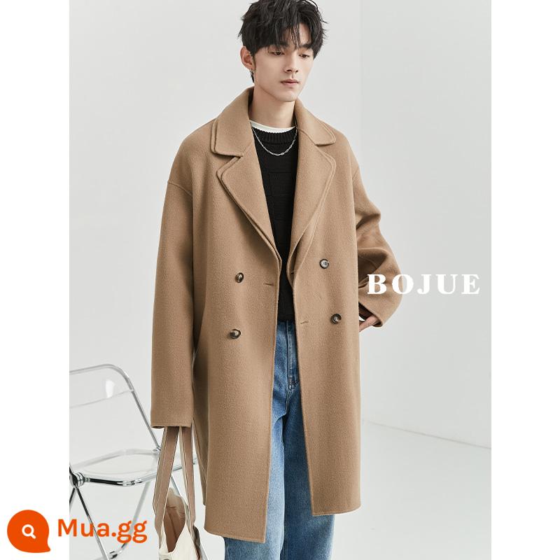 Áo khoác len hai mặt nam dáng dài phiên bản 22 mùa đông Hàn Quốc dáng rộng chất liệu len dày không cashmere cao cấp - Lạc đà Thyssen (len toàn thân 2 cổ)