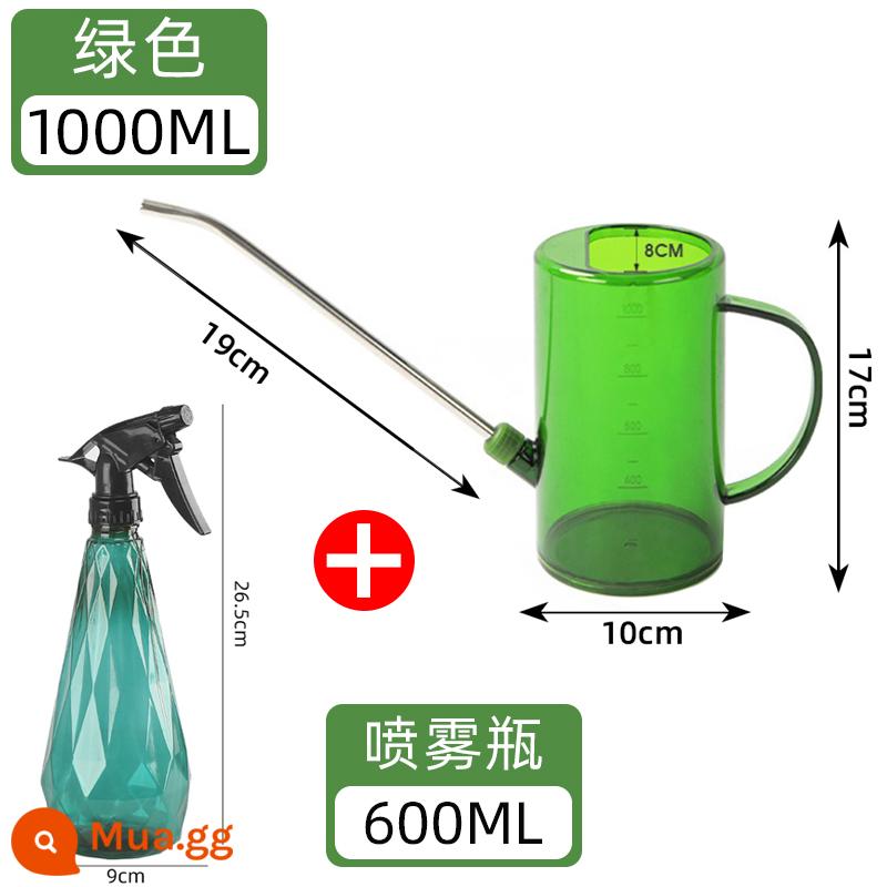 Tưới bình tưới miệng dài hộ gia đình có hoa bình tưới bình tưới ấm đun nước trong nhà cây xanh mọng nước chậu cây dưỡng ẩm dụng cụ - 1 lít [xanh] + nồi ép tay