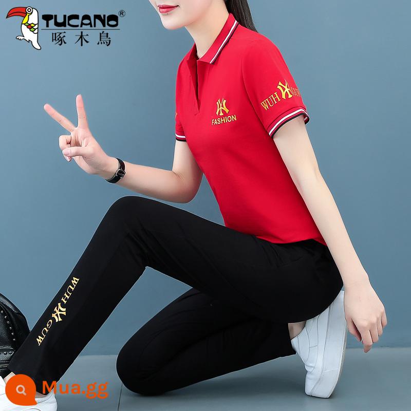 Bộ đồ thể thao cotton chim gõ kiến nữ mùa hè 2022 mẹ trung niên phong cách nước ngoài chạy giảm tuổi quần crop hai bộ - quần đỏ