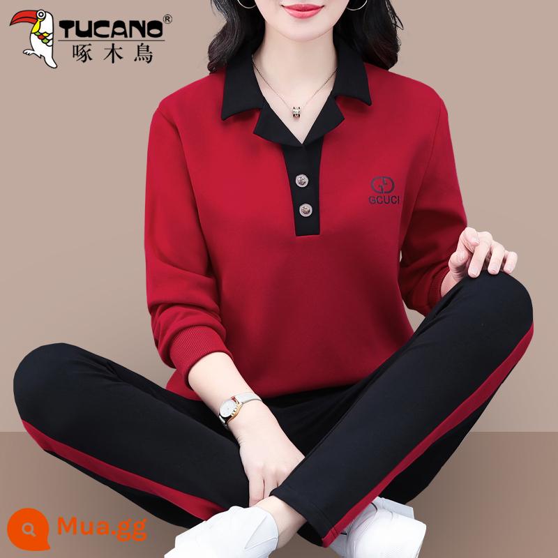 Bộ đồ thể thao cotton nguyên chất của chim gõ kiến ​​quần áo mùa thu nữ 2023 mới mùa xuân và mùa thu thời trang áo cổ polo hai món - Ngày đỏ (không có nhung)