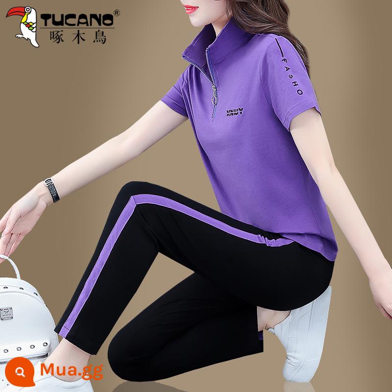 Bộ quần áo thể thao cotton chim gõ kiến phù hợp với mùa hè của phụ nữ phần mỏng 2023 thời trang mới phong cách nước ngoài mẹ 2 món - Màu tím (kiểu cổ đứng)