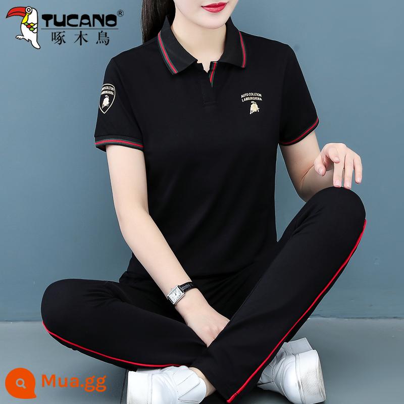 Bộ đồ thể thao cotton chim gõ kiến nữ 2022 bà mẹ trung niên ngắn tay phong cách nước ngoài che thịt và giảm tuổi hai mảnh mặc thường ngày - đen