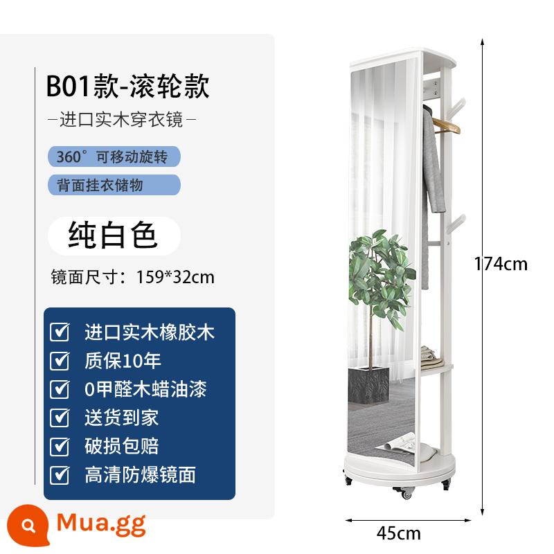 Móc treo gỗ xoay hạ cánh nhà đèn sang trọng cao cấp phòng ngủ toàn thân tráng gương giá tích hợp đa chức năng - Model con lăn B01 [xoay chuyển động] màu trắng tinh khiết