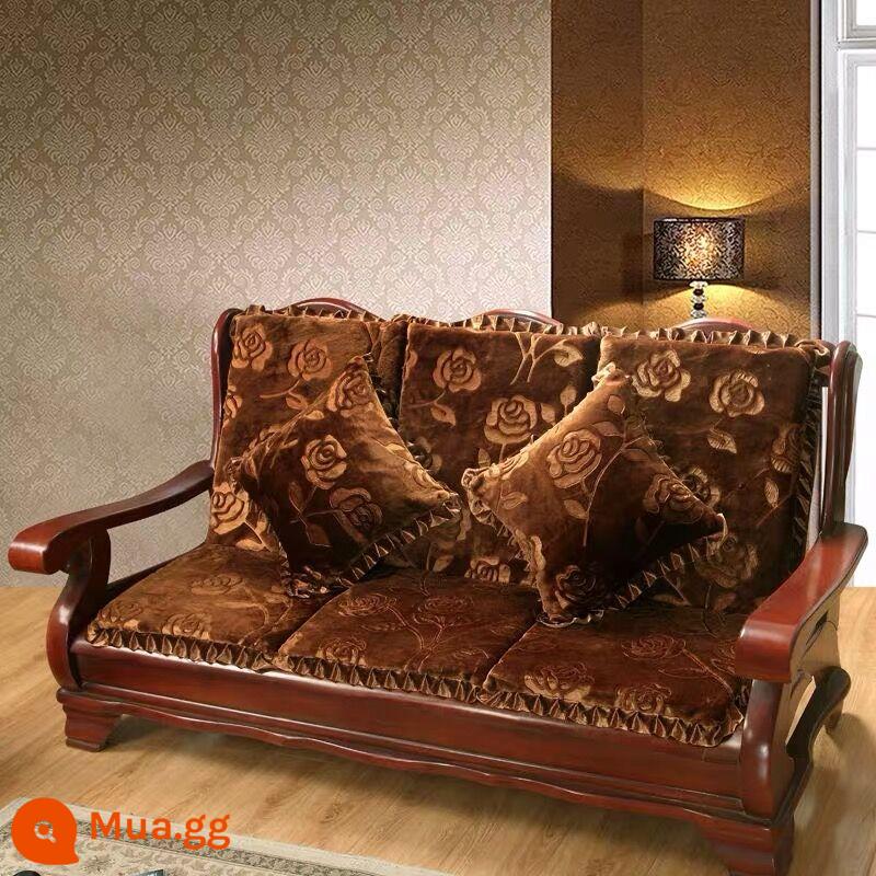 Sofa gỗ đệm có tựa lưng đệm ghế gỗ đệm một mảnh gỗ gụ thoáng mát đệm ghế dày đệm mùa đông - Cà phê hoa hồng dập nổi màu nâu cộng