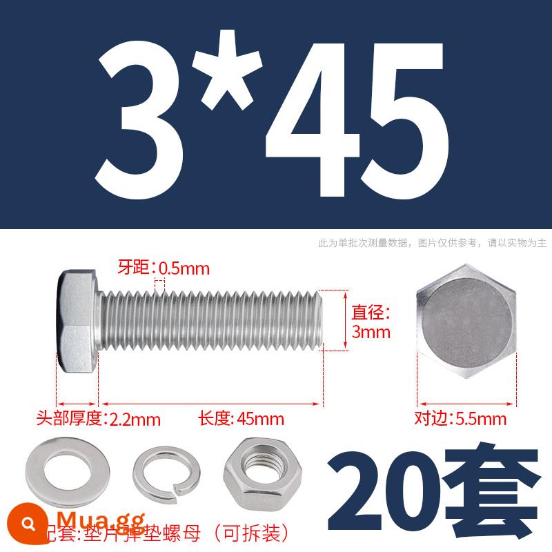 Bộ ốc vít và đai ốc lục giác bên ngoài bằng thép không gỉ 304 Bộ bu lông và ốc vít mở rộng M4M5M6M8M10M12 - M3*45(20 bộ)