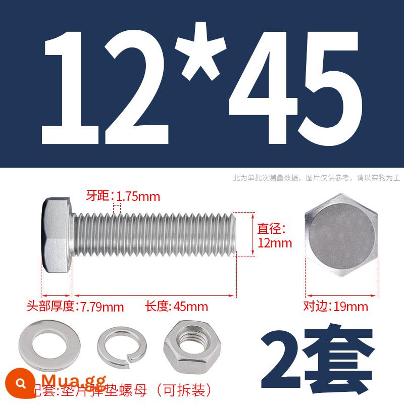 Bộ ốc vít và đai ốc lục giác bên ngoài bằng thép không gỉ 304 Bộ bu lông và ốc vít mở rộng M4M5M6M8M10M12 - M12*45(2 bộ)