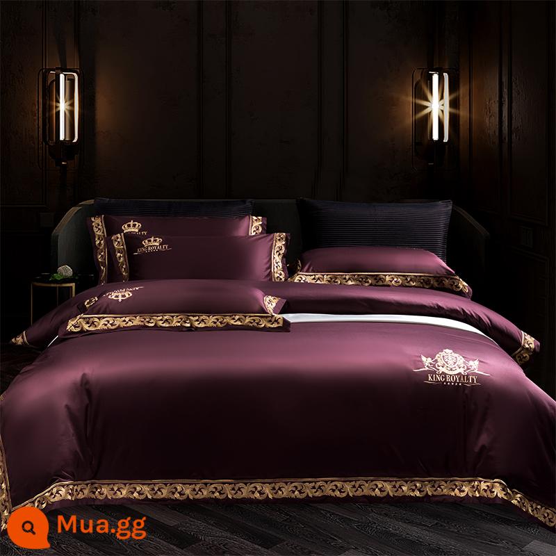 Ý 140 Cotton dài Cotton Red High -end Wedding Bốn bông Bốn Bốn Bốn Biệt thự Biệt thự Cotton Cotton Bed - Bộ bốn món Wells (tím)