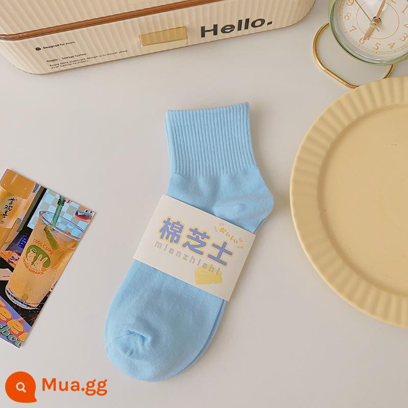 Tất màu kẹo ngọt đến giữa bắp chân của phụ nữ xu hướng cotton nguyên chất xuân thu Nhật Bản màu sắc thể thao học sinh vớ ngắn mùa hè - Baby Blue