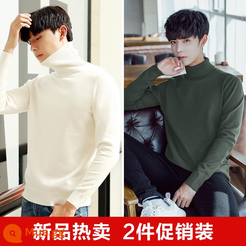 Áo len cao cổ lông cừu nam mùa đông mới lớp bên trong dày bán đan đáy áo len quần áo len không có cashmere - Trắng 8783+xám đậm 8783[2 áo cổ lọ dày]