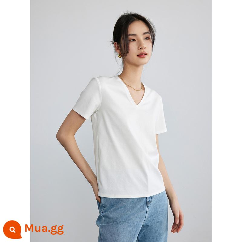 Amoniac lỏng đầu thập niên 60 bằng cotton lỏng màu trắng Áo thun trễ vai màu trắng dành cho nữ mùa xuân và mùa hè cotton làm bóng trang phục bên trong cotton nguyên chất cổ tròn / trang phục bên trong cổ chữ U - Cổ chữ V màu trắng mây