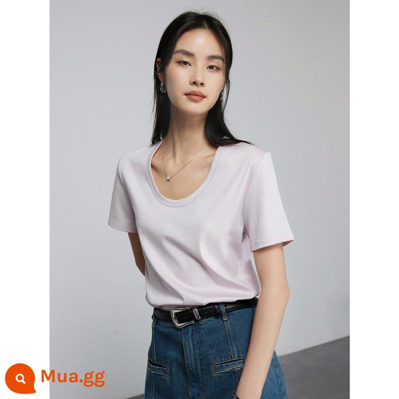 Amoniac lỏng đầu thập niên 60 bằng cotton lỏng màu trắng Áo thun trễ vai màu trắng dành cho nữ mùa xuân và mùa hè cotton làm bóng trang phục bên trong cotton nguyên chất cổ tròn / trang phục bên trong cổ chữ U - Bột đào trắng-U lãnh thổ