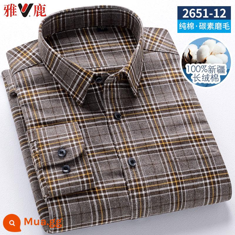 Yalu 100% cotton chải sơ mi nam dài tay mùa xuân 2023 quần áo mới của cha áo sơ mi cotton kẻ sọc mùa xuân và mùa thu - 2651-12 bông chải kiểu mới