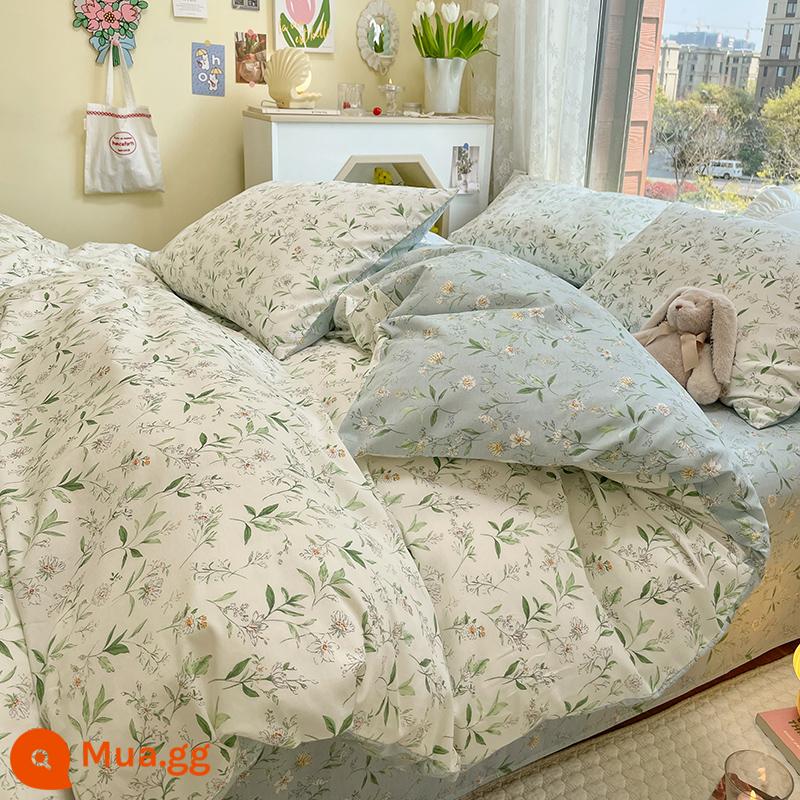 Bộ 4 Cotton Nguyên Chất 100 Bộ Chăn Ga Giường Vỏ Chăn Mùa Hè 3 Học Sinh 4 Ký Túc Xá Giường Đơn 3 Bộ - lời thì thầm mùa xuân màu lục lam