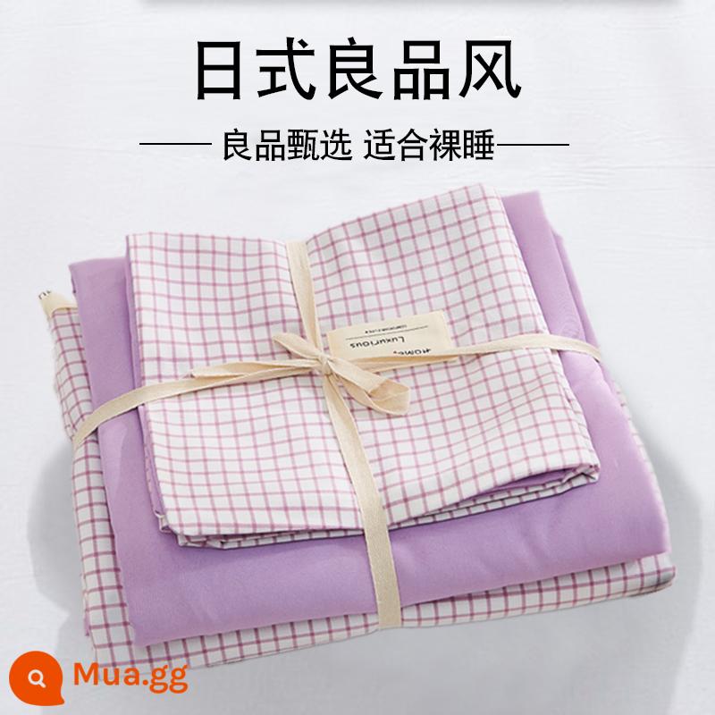 Bộ 4 mùa hè nguyên chất giặt sạch cotton chăn ga gối vỏ chăn chải 2 học sinh 3 ký túc xá giường đơn 3 món - lưới tím tím