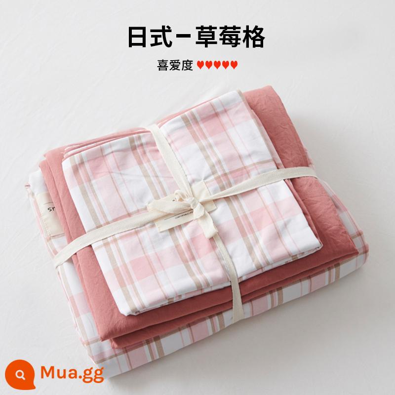 Bộ 4 bộ chăn ga gối cotton nguyên chất ga trải giường vỏ chăn chần gòn 2 học sinh 3 ký túc xá giường đơn 3 món - Lưới dâu tây