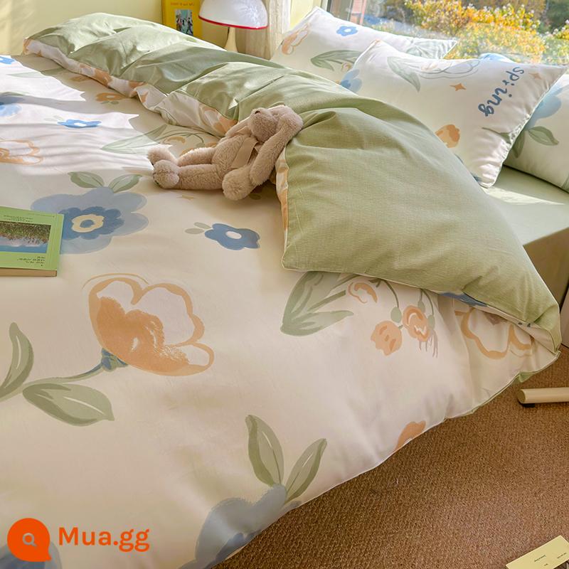 Bộ 4 Cotton Nguyên Chất 100 Bộ Chăn Ga Giường Vỏ Chăn Mùa Hè 3 Học Sinh 4 Ký Túc Xá Giường Đơn 3 Bộ - Chuyện mùa xuân