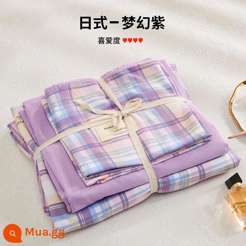 Bộ 4 bộ chăn ga gối cotton nguyên chất ga trải giường vỏ chăn chần gòn 2 học sinh 3 ký túc xá giường đơn 3 món - màu tím tưởng tượng màu tím