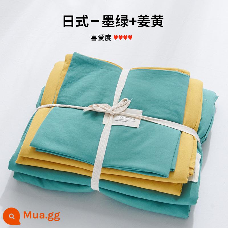 Bộ 4 bộ chăn ga gối cotton nguyên chất ga trải giường vỏ chăn chần gòn 2 học sinh 3 ký túc xá giường đơn 3 món - Màu xanh đậm + nghệ