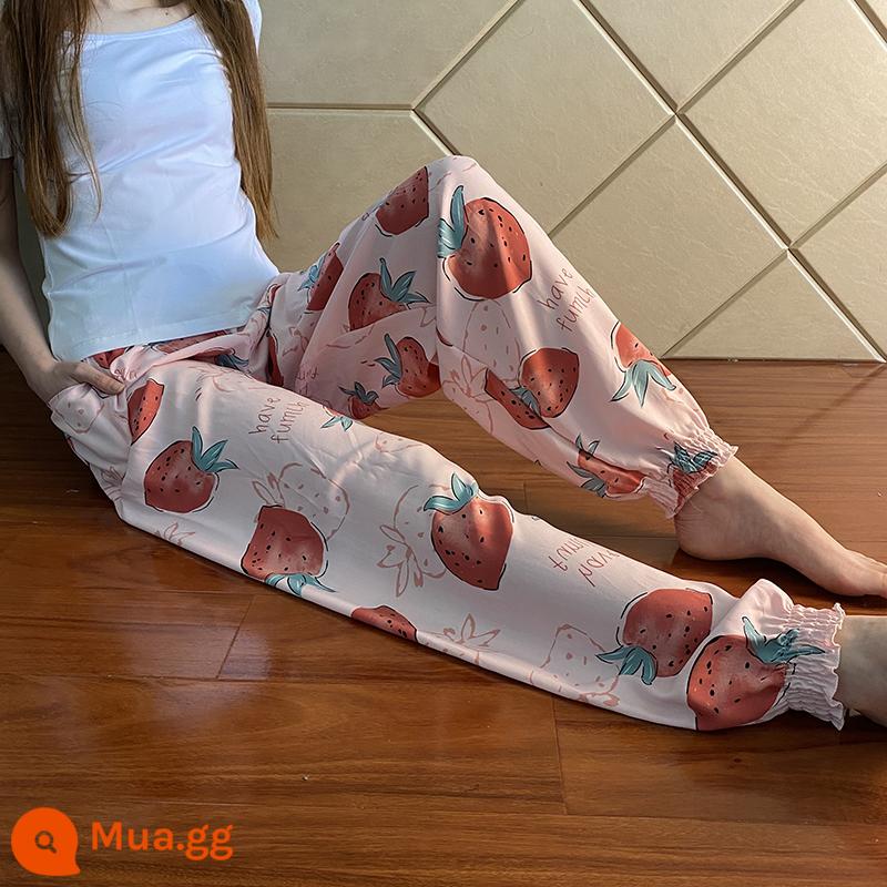 Quần pyjama cotton lụa nữ mùa hè mỏng phần lớn cotton lụa nhân tạo cỡ lớn có thể mặc ra ngoài nhà quần dài in hoa thẳng rộng - Chùm dâu hồng